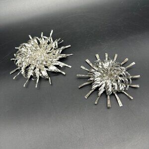 Vintage Atomic Starburst Christmas Ornaments Aluminum Handmade Set Of 2 Silver